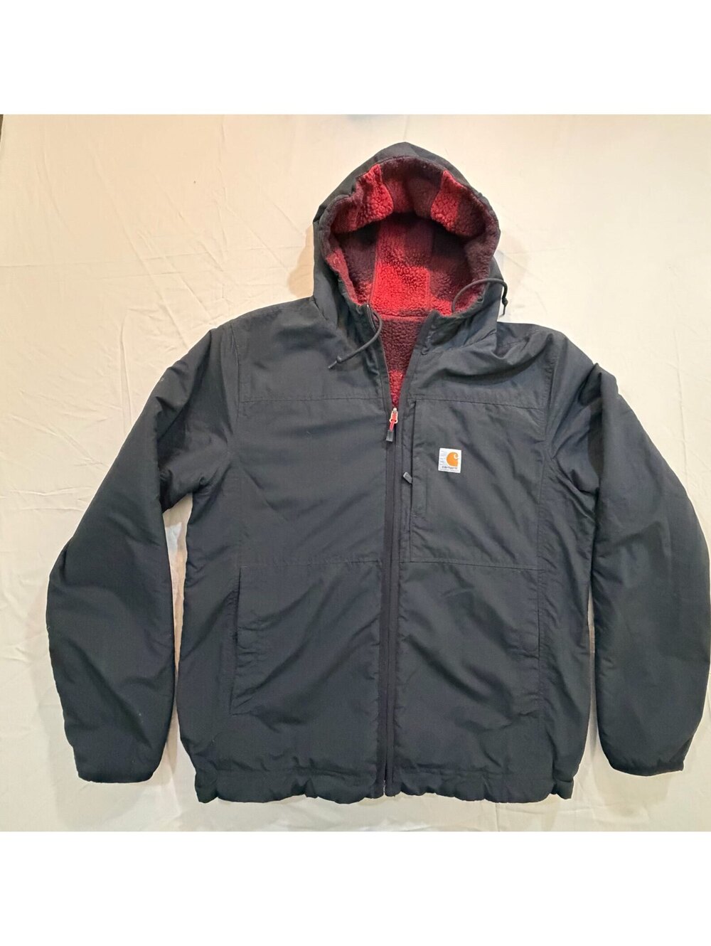 Carhartt Reversible Hooded Jacket XL Black Red Buffalo Plaid Sherpa Workwear